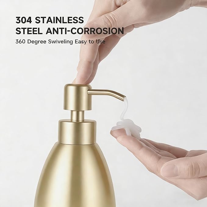 304 Stainless Steel Soap Dispenser 16oz Rust-Proof Liquid Soap Pump Bottle for Kitchen or Bathroom Countertop Hand Dish Lotion Leak-Proof (Champagne Gold)