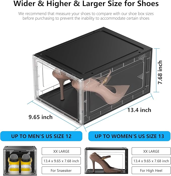 MCIJRJOI 10 Pack Hard Sturdy Thickened Rigid XX Large Shoe Storage Organizer for Closet, Clear Stackable Sneaker Shoe Boxes Rack Containers Display Case Bins with Lids, Black Clear02