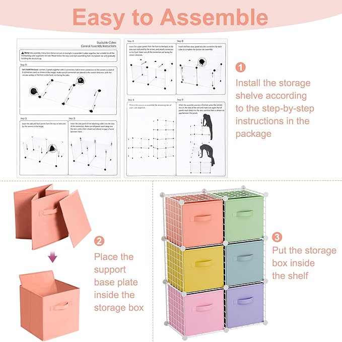 Leinuosen 6 Cube Storage Organizer with Fabric Bins, Wire Grid Stackable Shelves, Drawer Closet Organizer, Modular Storage Units for Bedroom Living Room Office Clothes Toys Crafts(White,Fresh Color)