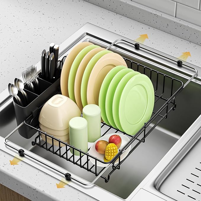 Expandable in Sink Dish Drying Rack,Small Dish Rack Over Sink with Utensil Holder,Stainless Steel Dish Drainers for Kitchen Counter,Sink Drying Rack for Small Space,14.57“-20.87”L x 10.24“W x 2.76”D