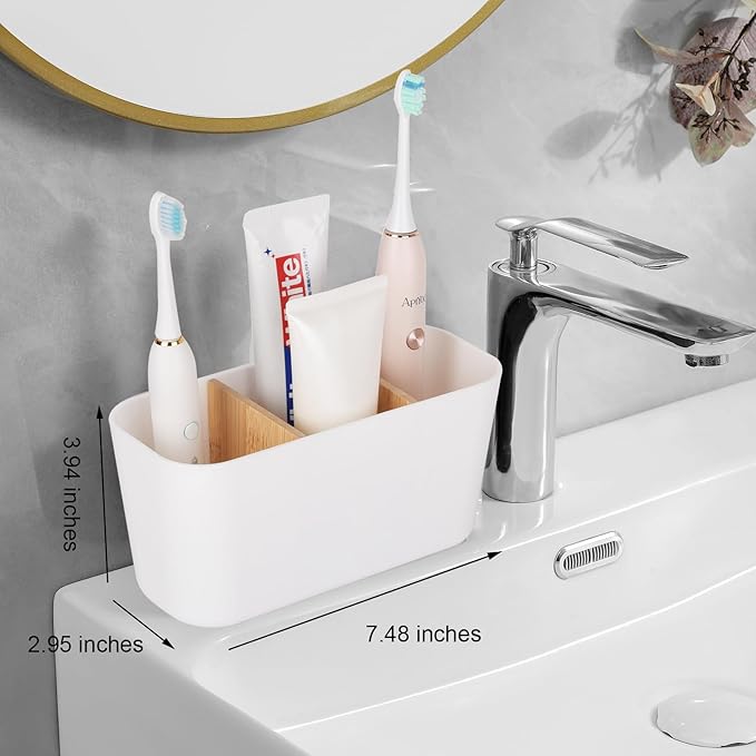 Toothbrush Holders for Bathrooms, Bamboo Tooth Brush Holder with 3 Slots Bathroom Vanity Organizer Countertop for Electric Toothbrushes, Toothpaste, Razors - White
