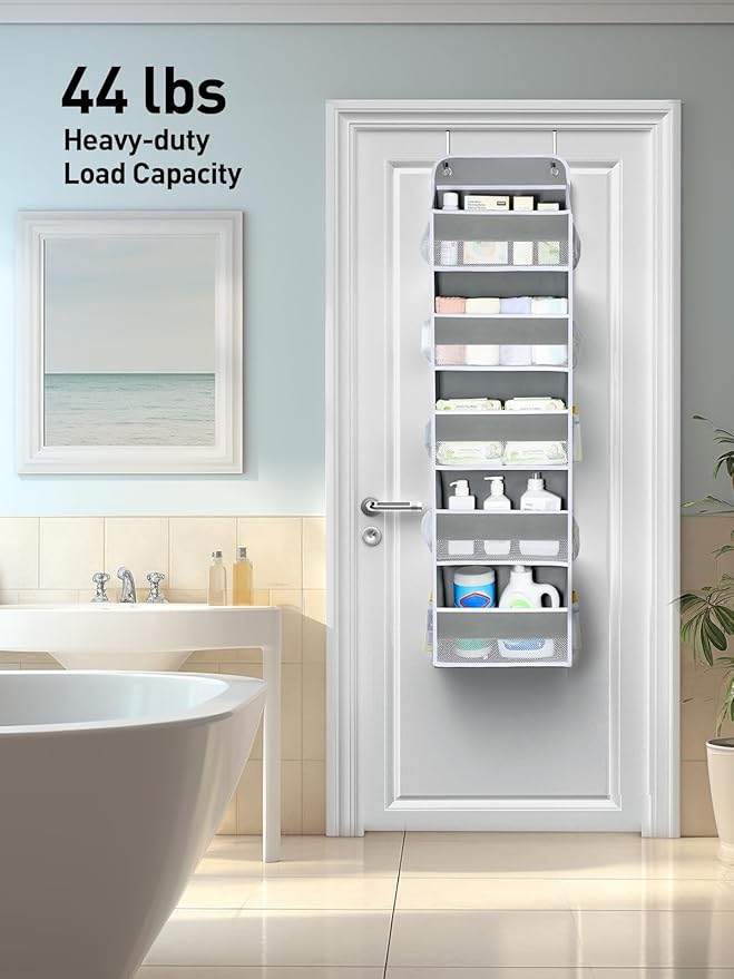 Yecaye 1 Pc Over the Door Organizer with 5 Bins 10 Side Pockets, 44lbs Load Hanging Bathroom and Bedroom Organizer, behind the Door Hanging Organizers for Nursery Newborn Baby Essential Stuff Grey