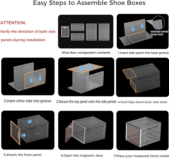 XL Large Stackable Shoe Boxes - Clear Plastic Shoe Storage Boxes with Magnetic Door, Thicken Shoe Organizer for Closet, Space Saving Foldable Shoe Containers Bins for Sneaker Boot - 6 Pack(White)