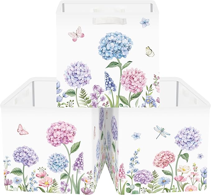 Clastyle Flowers Storage Cube Organizer Set Handle Closet Clothes Cube with Metal Frame Foldable Parents Organizer Storage Basket for Book Toy,Purple Hydrangea,11.8x11.8x11.8 in