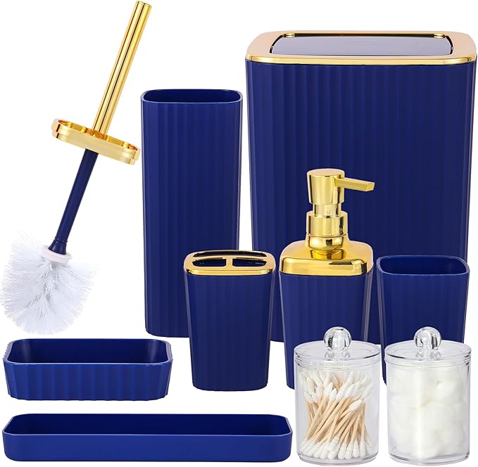 Bathroom Accessory Set,9 Pieces Navy Blue Bathroom Accessories Set with Trash Can, Toothbrush Holder, Soap Dispenser, Toothbrush Cup, Vanity Tray, Soap Dish, Toilet Brush, Qtip Holder