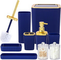 Bathroom Accessory Set,9 Pieces Navy Blue Bathroom Accessories Set with Trash Can, Toothbrush Holder, Soap Dispenser, Toothbrush Cup, Vanity Tray, Soap Dish, Toilet Brush, Qtip Holder