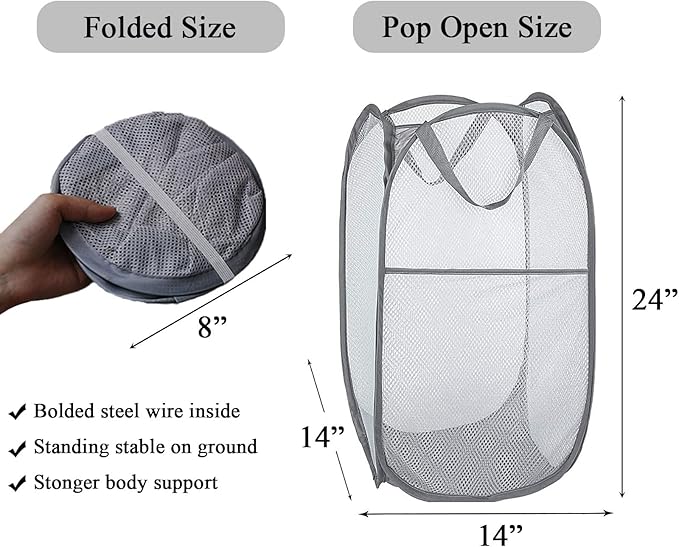 Larpur Pack of 3 Pop up Laundry Hampers, Collapsible Laundry Baskets, Portable Mesh Clothes Hampers for Home Room, College Dorm, Apartment, Foldable Hamper with Carry Handles, Gray