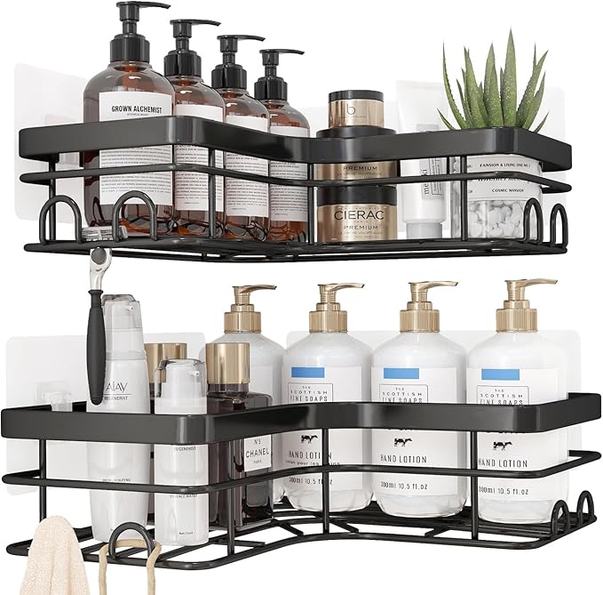 Corner Shower Caddy - 2 Pack, Adhesive Shower Organizers, Rustproof Stainless Steel Shower Shelves with 8 Hooks, No Drilling Bathroom Organizers and Storage Racks, Space-Saving, Black, X-Large