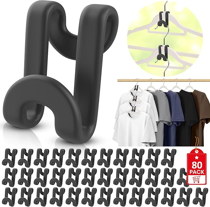 80Pcs Clothes Hanger Connector Hooks, Plastic Space Saving Heavy Duty Hanger Extender Clips for Closet Organizers, Black