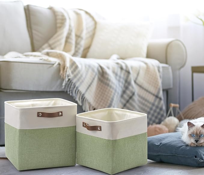6-Pack Foldable Fabric Storage Cubes 11x11 Inch, Sturdy Cube Organizer Bins with Leather Handles, Storage Baskets for Closet Shelves and Home Organization(White/Green)