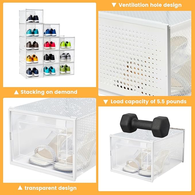 Shoe Storage Boxes, Stack Without Toppling Modular storage boxes combine freely for use in closets, under beds, hallways, and entryways. Space-saving. (Transparent, 12 Pack)