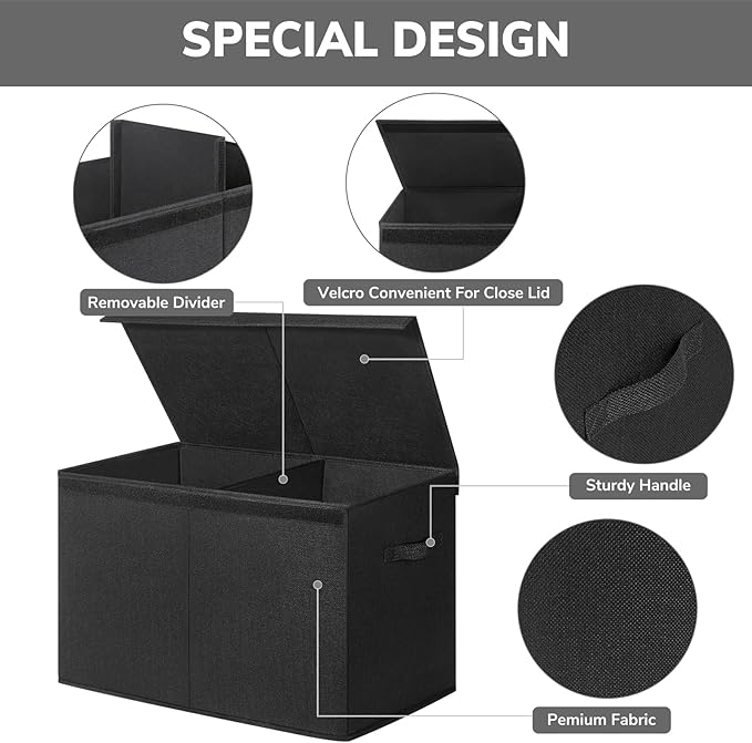 INDRESSME 122L Large Toy Storage Box with Lid, Toy Storage Organizer, Toy Baskets with Dividers for Playroom, Bedroom, Closet, Storage Bins for Kids, Boys Girls 26"x17"x17" (Black)