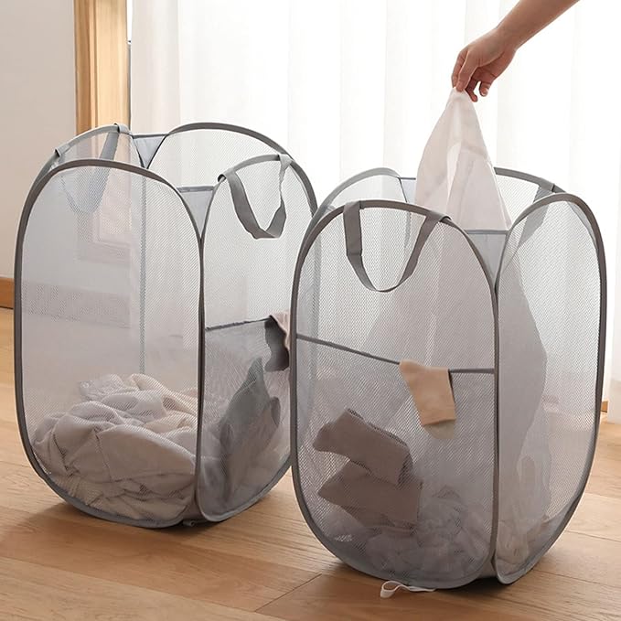 2 Pack Mesh Laundry Basket,Foldable Popup Laundry Hamper with Durable Handle,Easy to Open and Fold for Dorm, Laundry Room, Bedroom, RV(Gray+ Gray)…