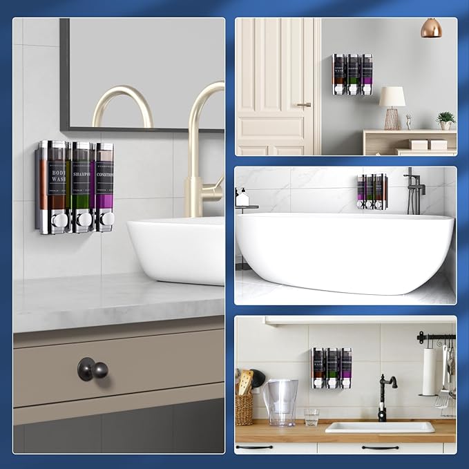 Shower Soap Dispenser Wall Mounted No Drill Shampoo Dispenser for Shower Wall Shampoo and Conditioner Dispenser Bathroom Hote 3 * 300ml Chrome Self