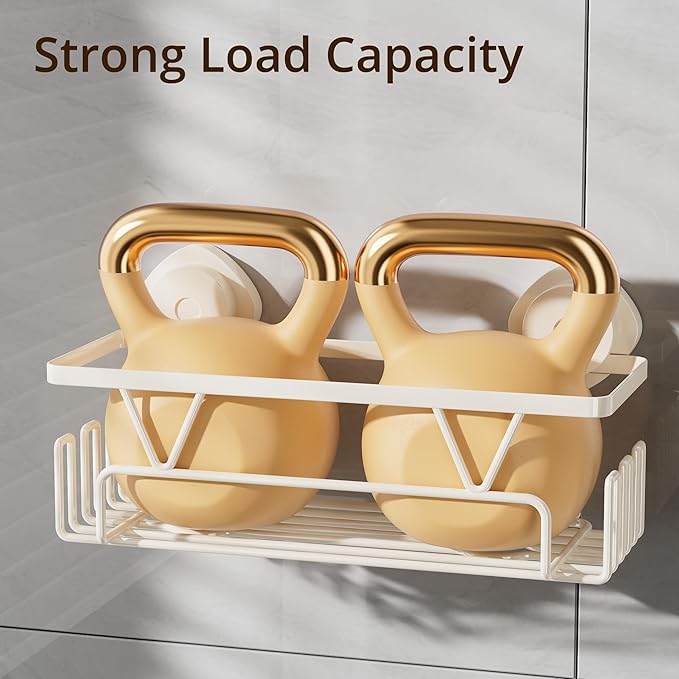 KEGII Shower Caddy Suction Cup with Hooks, Large Capacity Shower Suction Shelf, Heavy Duty Bathroom Organizer, No Drilling Stainless Steel Shampoo Holder for Bathroom Storage, Cream White