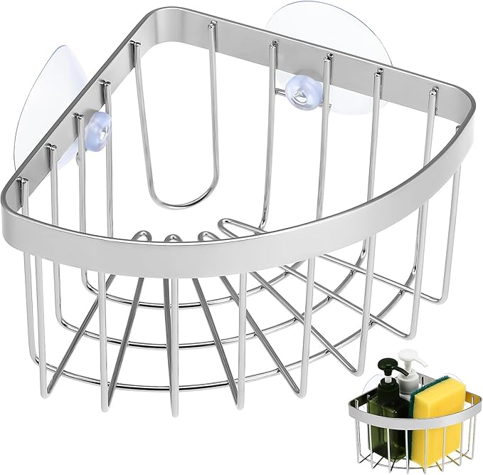 Veemoon Suction Corner Stainless Steel Caddy, Kitchen Sink Sponge Holders And Organizers No Drilling Corner Rack Movable Faucet Basket - Strong Adsorption - for Shower Bathroom Kitch, 6. 29x4. 52x3.