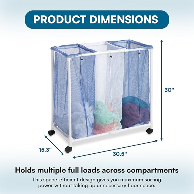 Honey-Can-Do HMP-01629 3 bag mesh laundry sorter, 30.5" x 15.3" x 30" , Blue/White