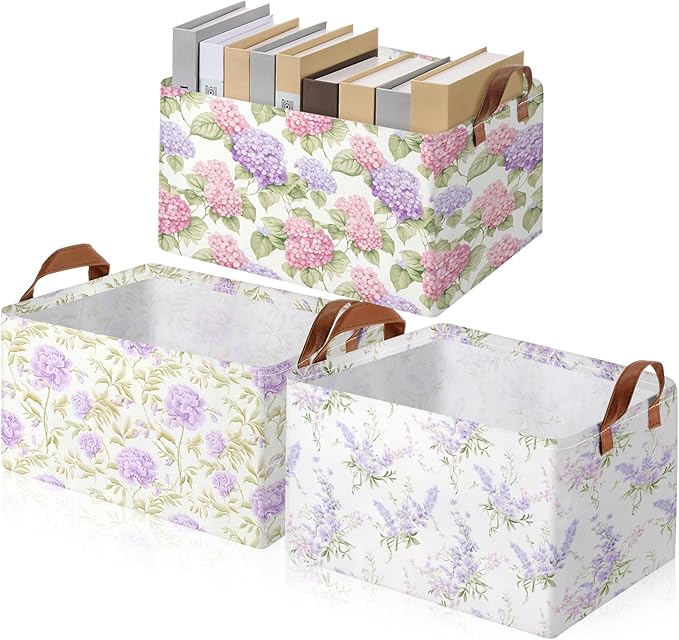 Boao 3 Pcs Purple Floral Storage Bin Wildflowers Collapsible Large Storage Baskets for Gifts Canvas Laundry Basket Foldable Box with Handle for Office Home Bedroom Clothes