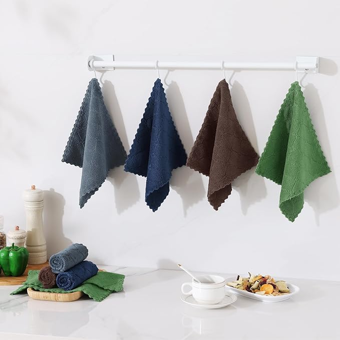 Homaxy 12 Pack Kitchen Dish Cloths, Super Soft and Absorbent Coral Velvet Dish Towels, Nonstick Oil Fast Drying Microfiber Cleaning Cloth, 10 x 10 inches, Navy Blue/Dark Grey/Brown/Grass Green