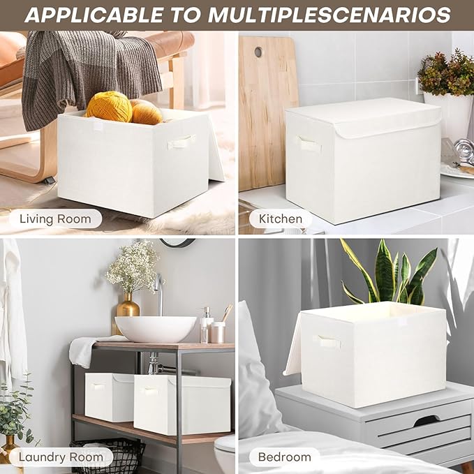 Large 17" 42 Quarts Collapsible Stackable Storage Bins with Lids [3-Pack] Foldable Fabric Linen Storage Boxes Cube, Closet Organizer Baskets with Label (16.7 x 12 x 12, White)