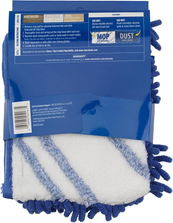 Clorox Ready Flip Spray Mop Refill Pad Machine-Washable Dual-Use Chennille & Microfiber Head, Blue