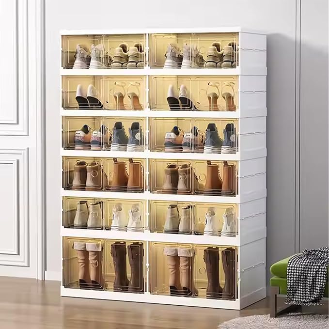 2PCS 6 Tier Easy Assembly Collapsible Shoe Cabinet Foldable Shoe Organizer Stackable Shoe Storage Box with Clear Door for Front Door Entrance