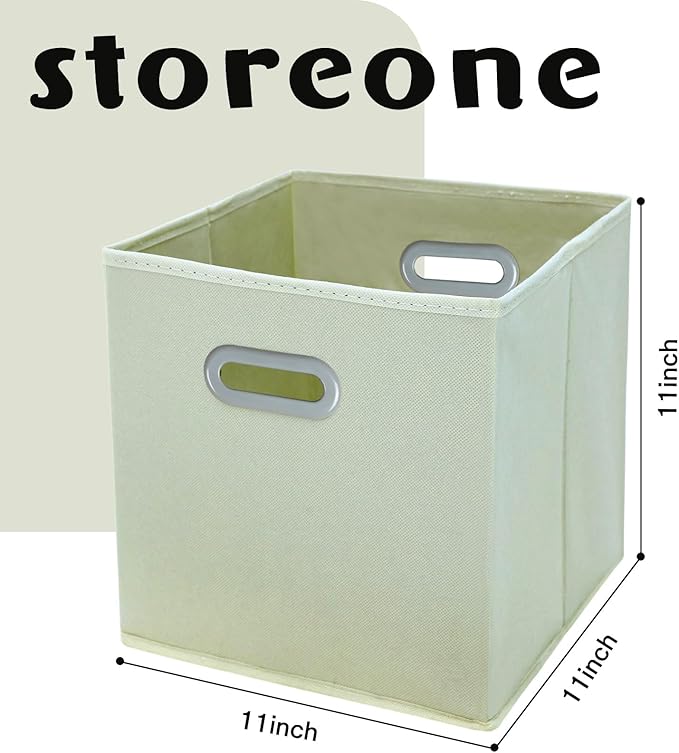 STOREONE Fabric Storage Bins Cubes Baskets Containers-(11X11X11) with Dual Handles Cube Storage Organizer Bins for Shelf Closet, Bedroom Organizers, Foldable Set of 3 (Creamy- White )