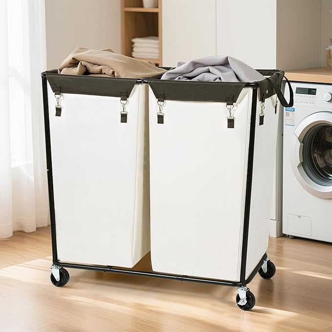 STO STO 280L Rolling Industrial Laundry Hamper with Wheels, 2-Compartment Extra Large Laundry Sorter, Heavy Duty Dirty Clothes Basket Cart with Metal Frame for Home or Commercial Use, Beige