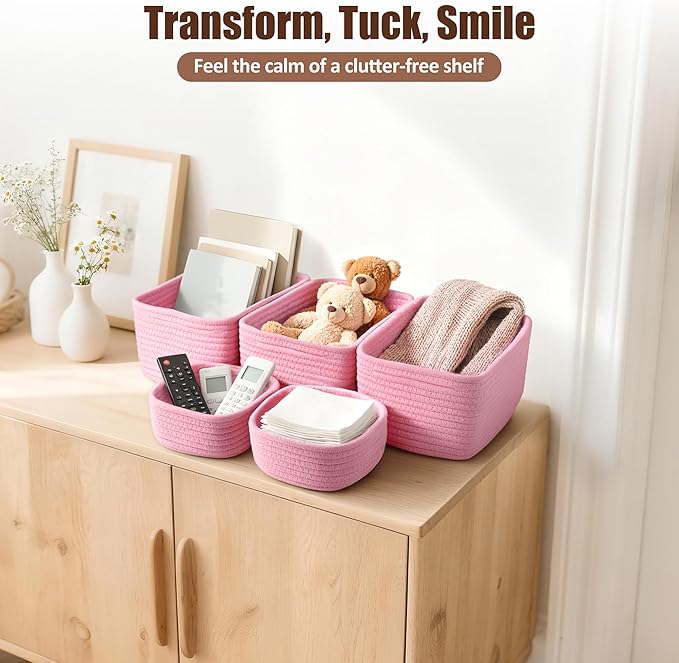 5-Pack Small Woven Rope Storage Baskets – 2 Sizes Organizer Bins for Closet, Shelf, Bookshelf, Nursery, Changing Table, Fabric Cube Boxes, Rectangular Shallow Bins for Bathroom, Toy & Home