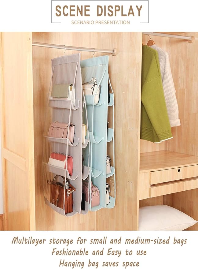 AARAINBOW 1 Pack Hanging Handbag Purse Organizer, Hand Bag Organizer Space Saving, 8 Pockets Wardrobe Organizer, Purse Holder for Closet, 46 L x 13.8W (B-Light Pink)
