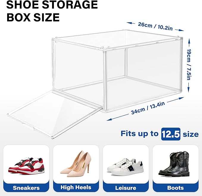 2 Pack Drop Front Shoe Boxes Acrylic Box Sneaker Case Size 12, Transparent Display Cases for Sneaker Collections, Baseball Caps, Hat Organizer Dust-free Shoe Cubbies Stackable Sneaker Boxes