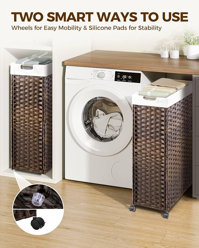 Greenstell Laundry Hamper with Wheels & Handles, 26.4 Gallon (100L) Slim Laundry Basket with 2 Removable Liner Bags & 2 Mesh Bags, Foldable Narrow Clothes Hamper for Bedroom, Bathroom, Closet, Brown