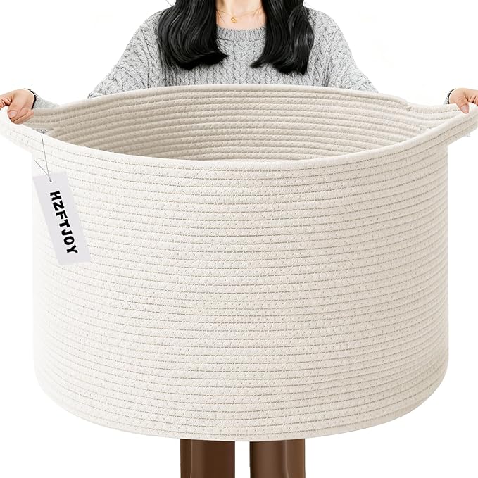 115L Large Blanket Basket,23.6" L x 23.6" W x 15.7" H Rope Woven Baskets with Handles, Toys Storage Bins,Laundry Basket Perfect for Living Room, Nursery,Bedroom,Home Organization,White