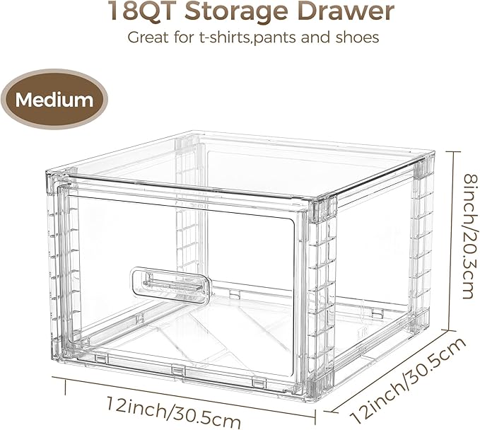 Vtopmart 3 Pack 18QT Clear Stackable Storage Drawers,Easily Assemble Closet Organizers,Plastic Storage Bins for Bathroom,Cabinet,Kitchen Pantry,Under Sink Organization(Medium)