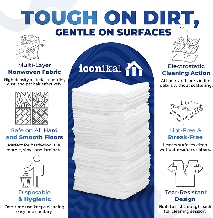 Iconikal Dry Mop Pad Refills (90-Pack) | Fits Swiffer Dry Sweeping Cloths for Dirt, Dust, Hair | Use for Swiffer Pads Refill | Unscented, Disposable Mop Pads for Sweeping, Mopping, Dusting, 11.5" x 8"