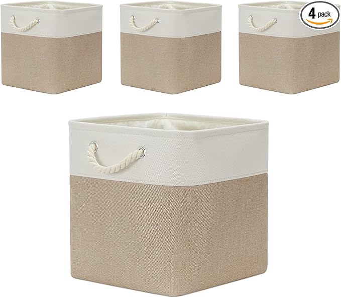 Temary Cube Storage Baskets 4 Pack 13x13 Fabric Cube Storage Bins for Clothes, Large Baskets Boxes with Handles, Canvas Basket for Organizing Towels, Collapsible Storage Bins (White&&Khaki)