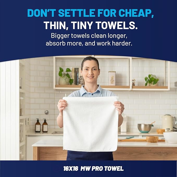 MW PRO Microfiber Cleaning Cloths White (12 Pack, 12x12) - Commercial Janitorial Towels & Lint Free Rags - Heavy Duty for Auto Detailing, Glass Windows, Housekeeping & Screens - Washable 300+ Times