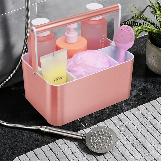 BYUNER Compact Shower Caddy Dorm - Portable Bathroom Caddy Organizer with Handle and Adjustable Divider for College Dorm & Shared Bathroom, Hard Plastic Shower Basket Tote for Toiletry Drainage, Pink