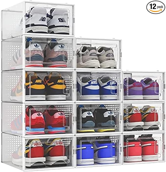 Seseno 12 Pack Shoe Organizer Storage Bins Clear Plastic Stackable Shoe Boxes for Closet, Space Saving Foldable Shoe Storage Case, Sneaker Storage Shoe Box Container