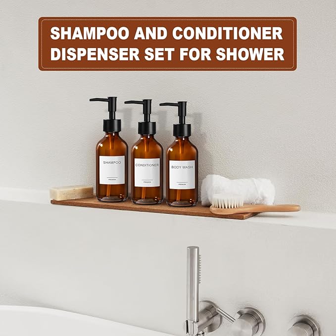 8 fl oz Amber Glass Soap Dispenser 4 Pack, Brown Glass Bottle with Pump, Refillable Round Hand Soap Dispensers Bathroom for Soap, Lotion, Oil, Shampoo