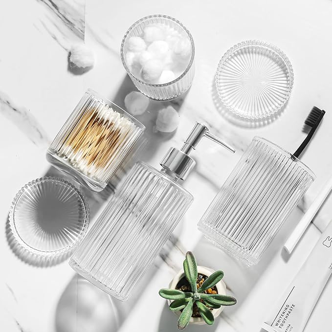 Bathroom Accessories Set, 4 Pack Clear Glass Bath Accessory Sets Complete, Ribbed Soap Dispenser and Toothbrush Holder Set with 2 Qtip Holders, Modern Sliver Bathroom Counter Decor