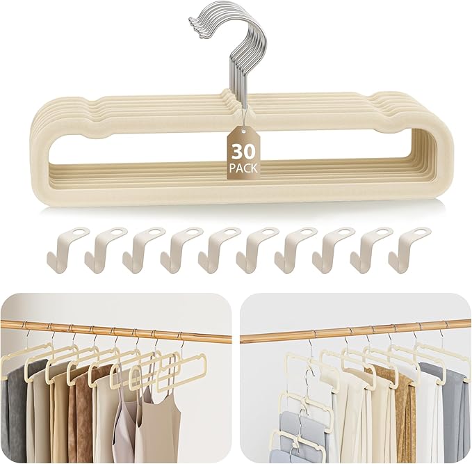 Velvet Felt Pants Hangers 30 Pack – Heavy Duty Space Saving Clothes Hangers with 360° Swivel Hook, Non-Slip Thin Design for Suits, Shirts, Coats, Dresses – Includes 30 Hooks (Ivory)