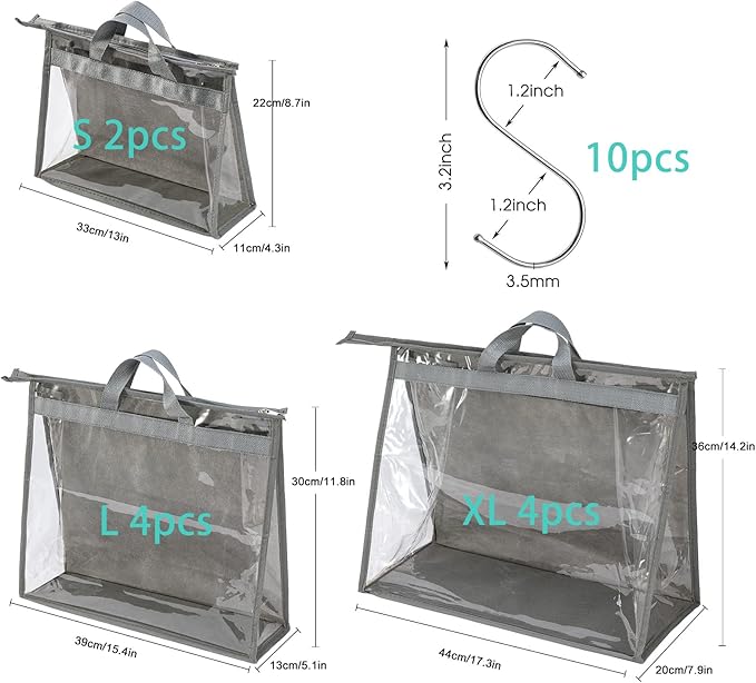 CINPIUK 10 Set Handbag Storage Organizer Dust Bags for Purses Handbags Closet, Clear Purse Protector Storage Bag Dust Cover for Bags, Closet Organizer for Handbags with Hooks, Grey