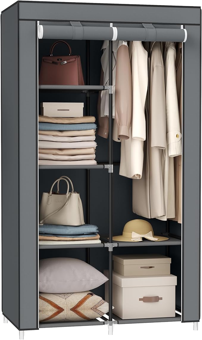 SONGMICS Portable Closet, Fabric Wardrobe, Clothes Rack with Shelves, Pockets, Large Capacity, 1 Hanging Rod, 34.6 x 17.7 x 66.1 Inches, Dove Gray URYG84GY