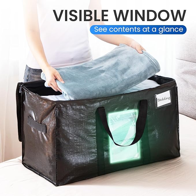TAILI Extra Large Moving Bags, 10 Pack Black Heavy Duty Totes for Storage with Visible Window, Wrap Around Handles, Storage Bags for Space Saving, Alternative to Moving Boxes