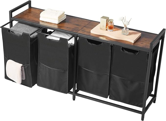 VEVOR 4 Section Laundry Sorter, Large Laundry Hamper with Metal Frame and Wooden Tabletop, Freestanding Storage Organizer Baskets with Pull-Out 600D Oxford Cloth Bags for Dirty Clothes, Bathroom