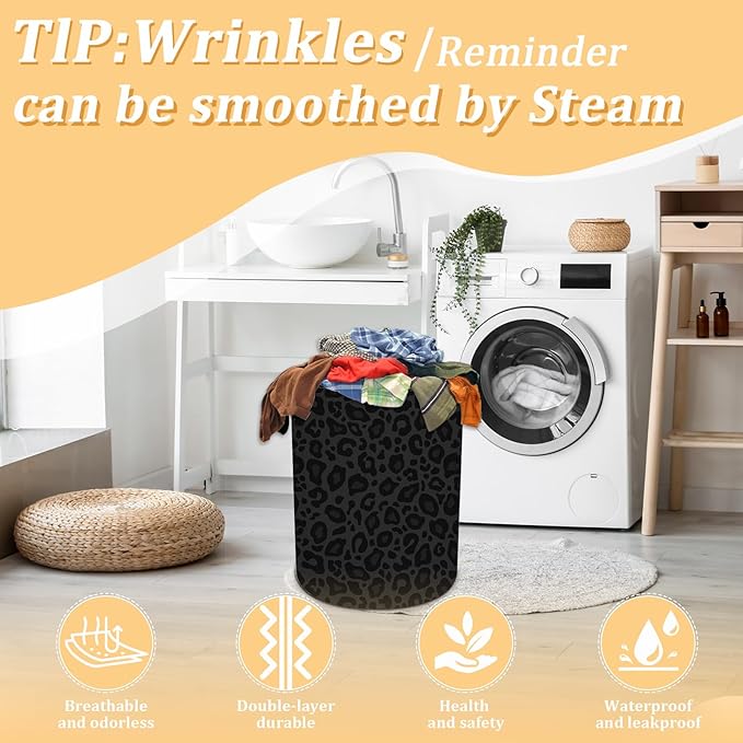 Laundry Hamper, Grey and Black Leopard Print Laundry Basket, Oxford Waterproof Foldable Clothes Storage Bin, Toy Organizer Basket for Bathroom/Household/College Dorms 15.7"x19.6"