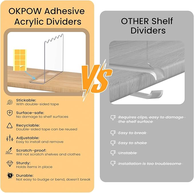OKPOW Shelf Dividers Purse Organizer for Closet, 10" Tall X 12" Deep, Acrylic Clear, Sturdy Separators for Purse Clothes, Easy Install, Adjustable, Maximize Bedroom Space for Home Organizer, 12 Pack