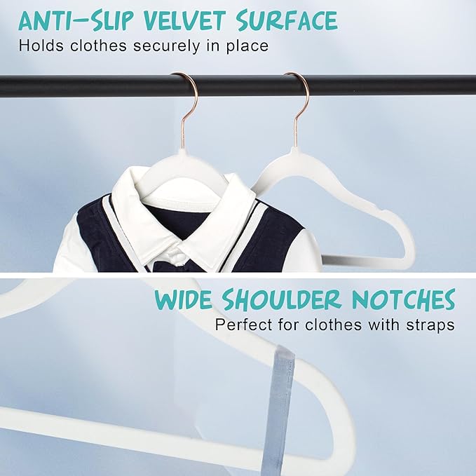 50 Pack Velvet Baby Hangers Non-Slip Clothes Hanger with Swivel Hooks, Space Saving Infant Toddler Closet Organizers, Ultra Thin Durable Child Hangers for Nursery, Kids, Children Wardrobe