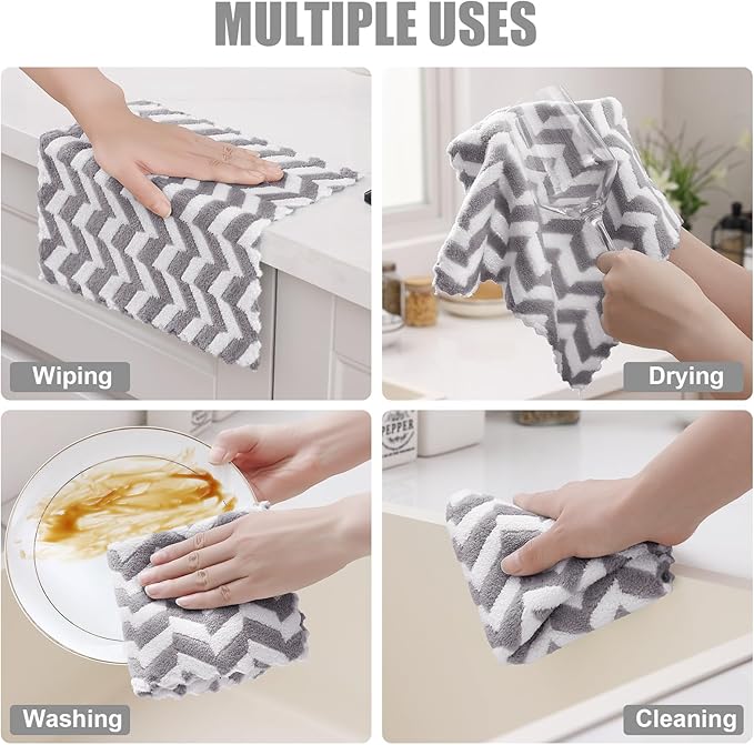 Homaxy 12 Pack Kitchen Dish Cloths, Ultra Soft and Absorbent Dish Towels, Reusable Fast Drying Microfiber Cleaning Cloth, Irregular Waves Coral Velvet No-lint Cleaning Rags, 10 x 10 inches, Grey